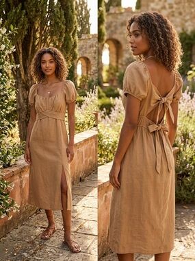 Backless Tie-Back Midi Dress in Tan